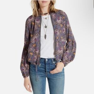 Free People Floral Balloon Sleeve Zip Up Jacket